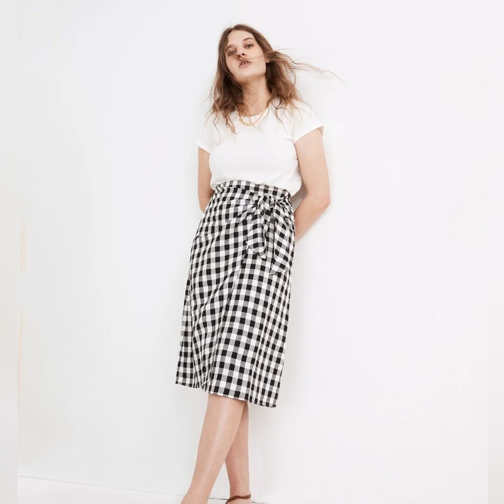 Madewell Sarong Faux-Wrap Midi Skirt Black White Gingham Checkered 4 Small